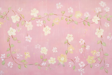 A soft pink background adorned with delicate floral patterns and vine-like designs.