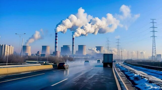 a road  and  a factory  with  smoke coming out of the chimneys .