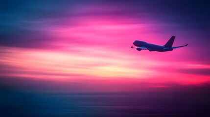 Airplane flying above colorful sunset clouds.