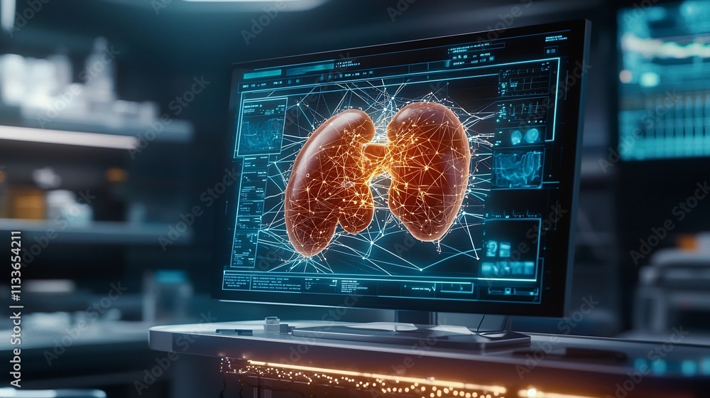 Poster futuristic virtual twin of a patient s liver displayed on a medical diagnostic screen featuring inte