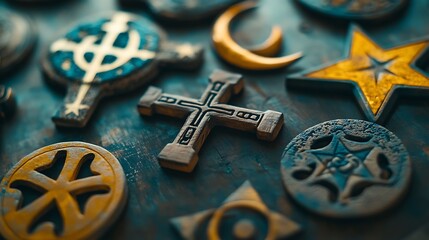 Fototapeta premium A close-up shot of various religious symbols such as a cross, crescent moon, Star of David, and Om sign arranged together on a table 