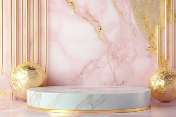 Minimalist White Marble Round Platform on Flat Surface with Soft Sunlight Shadows, Pink Wall Background for Product Photography