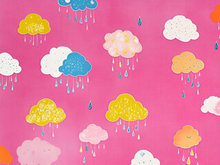 A playful pattern of colorful clouds and raindrops on a vibrant pink background.