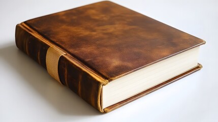 Obraz premium Antique-style leather-bound book with aged, brown cover and cream-colored pages, resting on a white surface.