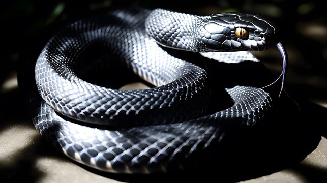 venomous snake’s fangs sharp and visible, seamlessly merging with the shadow of a darkened forest to imply lurking threats. [Poisonous snake]:[Danger] 