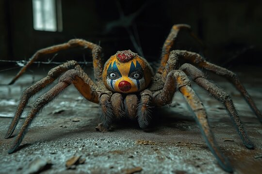 Creepy clown spider in dusty abandoned room. Spider looks menacing with clown face. Spooky, disturbing image. Abandoned place with spider. Horror theme. Artistic design. Detailed creepy spider. Dark