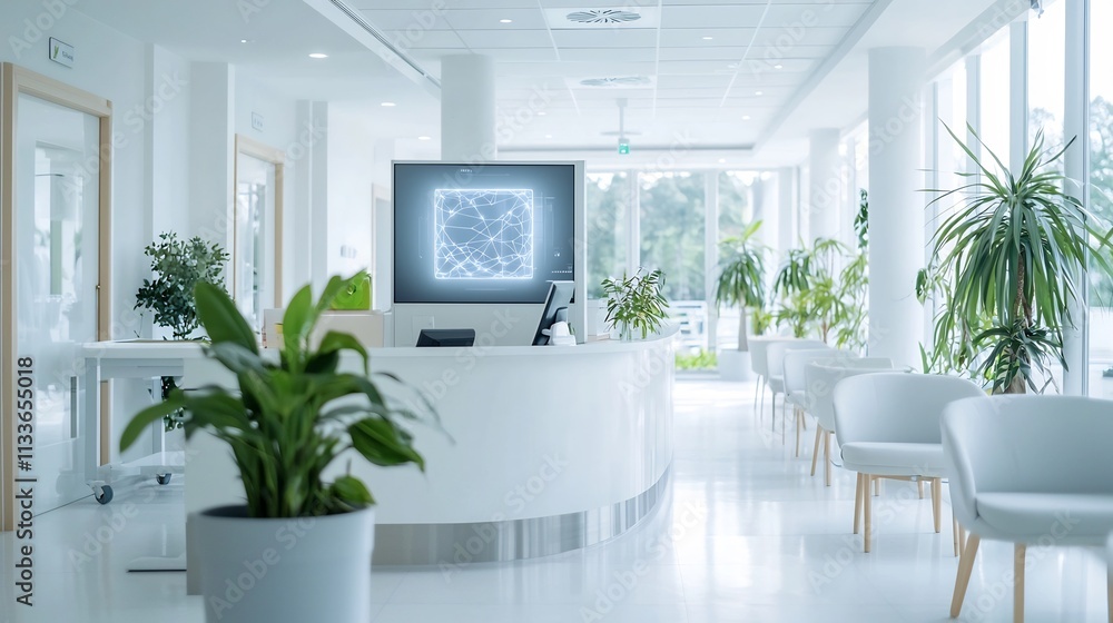 Poster a cutting edge hospital reception area featuring a virtual twin model of a patient s condition proje