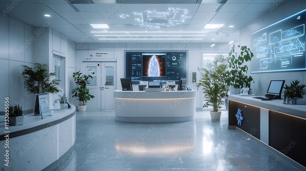 Aufkleber a photograph of a modern sleek hospital reception area with a central display projecting a virtual t