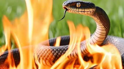 of a snake in a defensive pose, integrated with an image of fire, symbolizing its aggressive nature. | [Poisonous snake]:[Danger] 