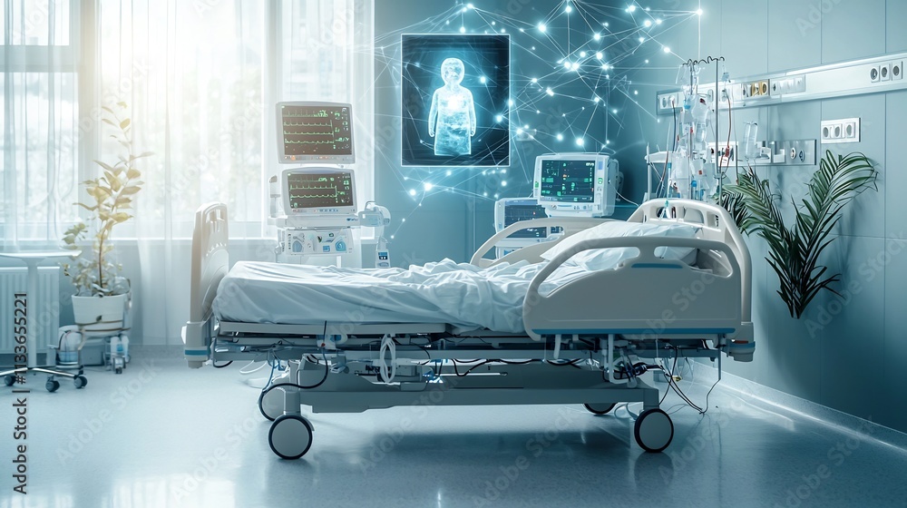 Aufkleber futuristic icu room featuring a virtual twin hologram of a patient s medical condition hovering abov