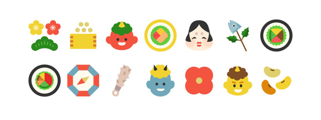 節分のアイコンセット ｜ 鬼 豆まき 和風モチーフのフラットデザイン イラスト ベクター コレクション