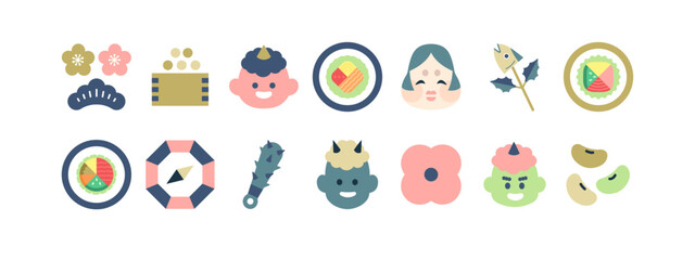 節分アイコンセット｜鬼、豆まき、和風モチーフのカラフルイラスト ベクター コレクション