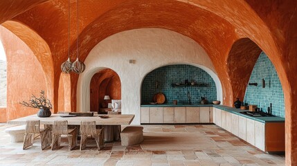 Charming Mediterranean Kitchen: Whitewashed Walls, Terracotta Tiles, and Blue Mosaic Backsplashes
