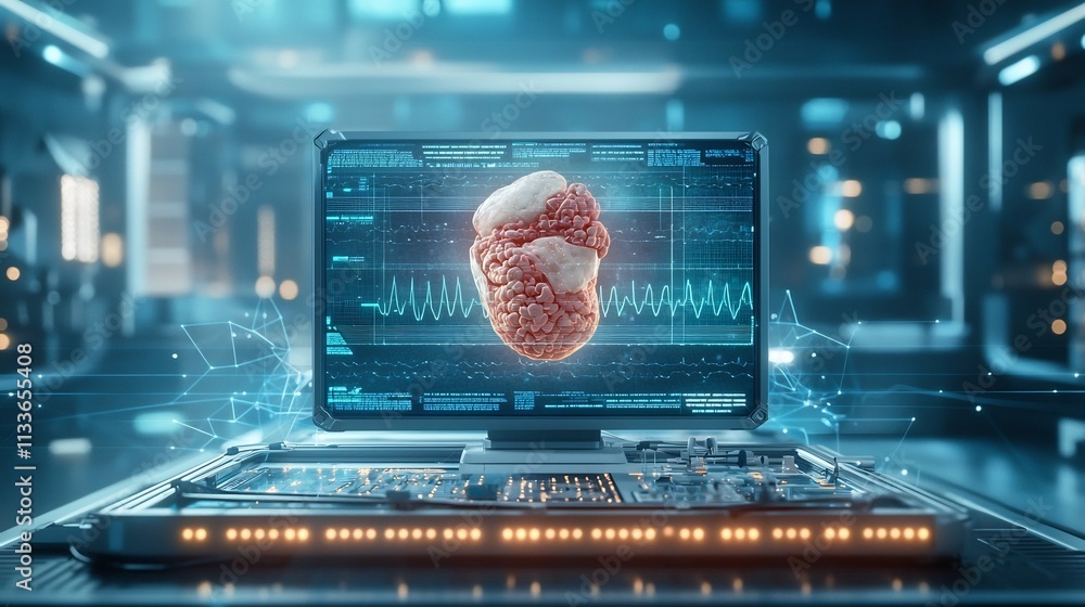 Aufkleber futuristic research laboratory scene with a large holographic display showing a virtual twin of a pa