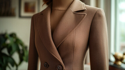 A chic mocha mousse blazer takes center stage, complemented by a subtle turtleneck. The stylish outfit is displayed against a warm, inviting backdrop, perfect for fashionable gatherings