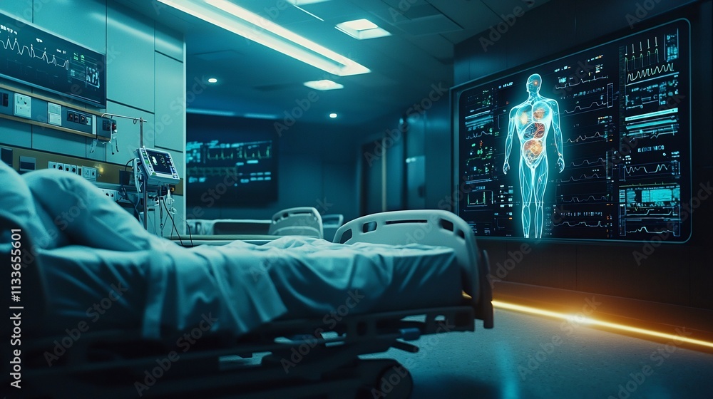 Poster futuristic hospital ward showcasing a virtual twin overlay of interconnected health metrics and body