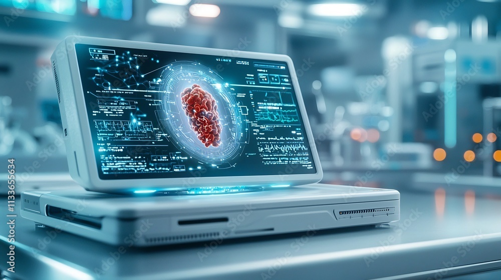 Poster a state of the art medical hub featuring a virtual twin hologram that displays real time cellular ac