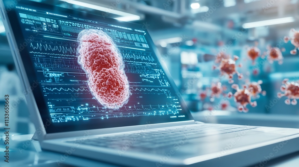 Poster futuristic medical hub showcasing a virtual twin hologram that displays real time cellular activity 