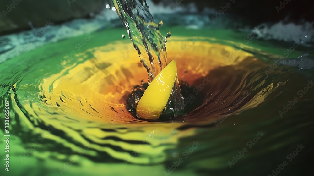 Poster lemon falling into colorful water, creating vibrant ripples and splashes.