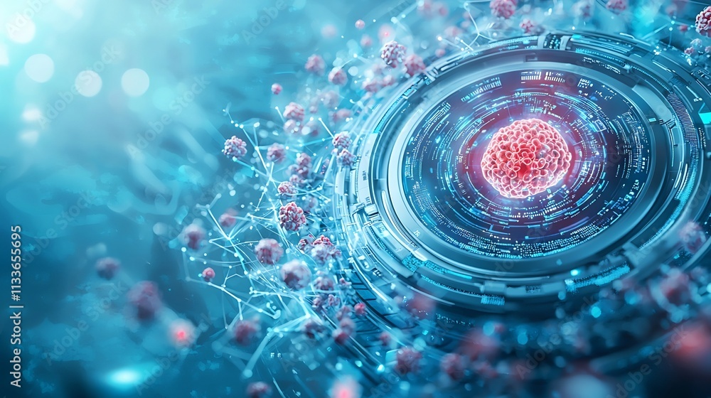 Poster cutting edge medical hub with holographic cellular activity insights linked to diagnostic data netwo