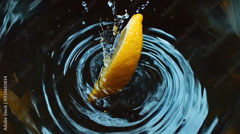 Poster lemon slice splashing into water, creating concentric ripples.