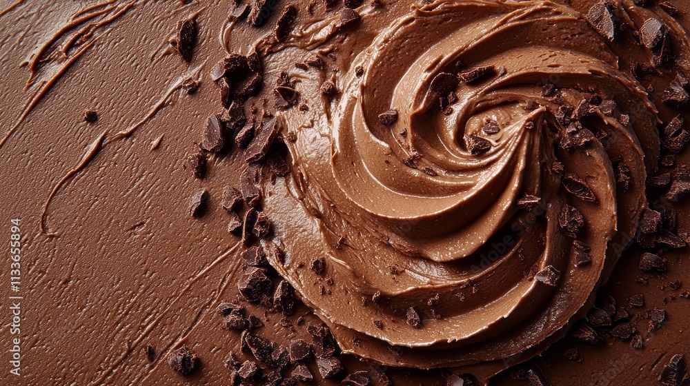 Poster a luxurious chocolate swirl rests atop a smooth brown background, adorned with crunchy cocoa pieces,