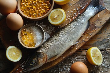 Fresh fish with lemons and eggs on rustic wooden table