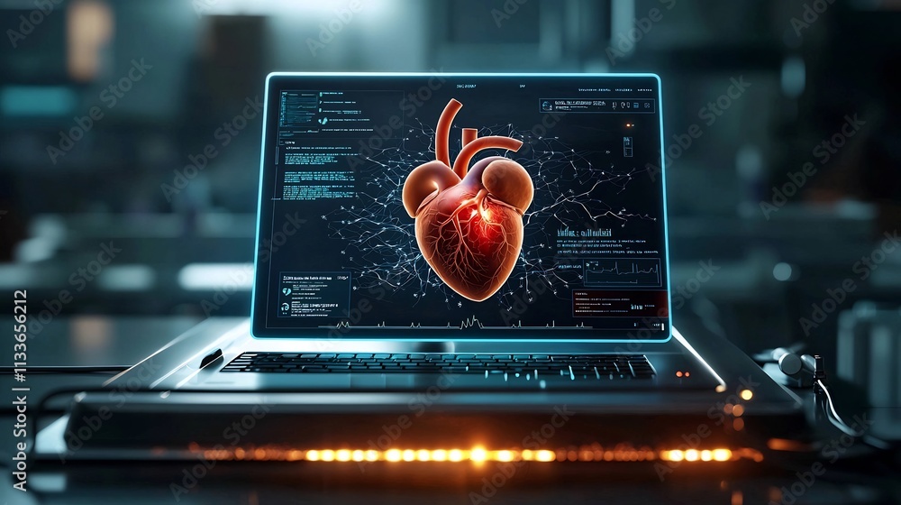Poster cardiology console displaying virtual twin hologram of patient s heart with real time analytics of c