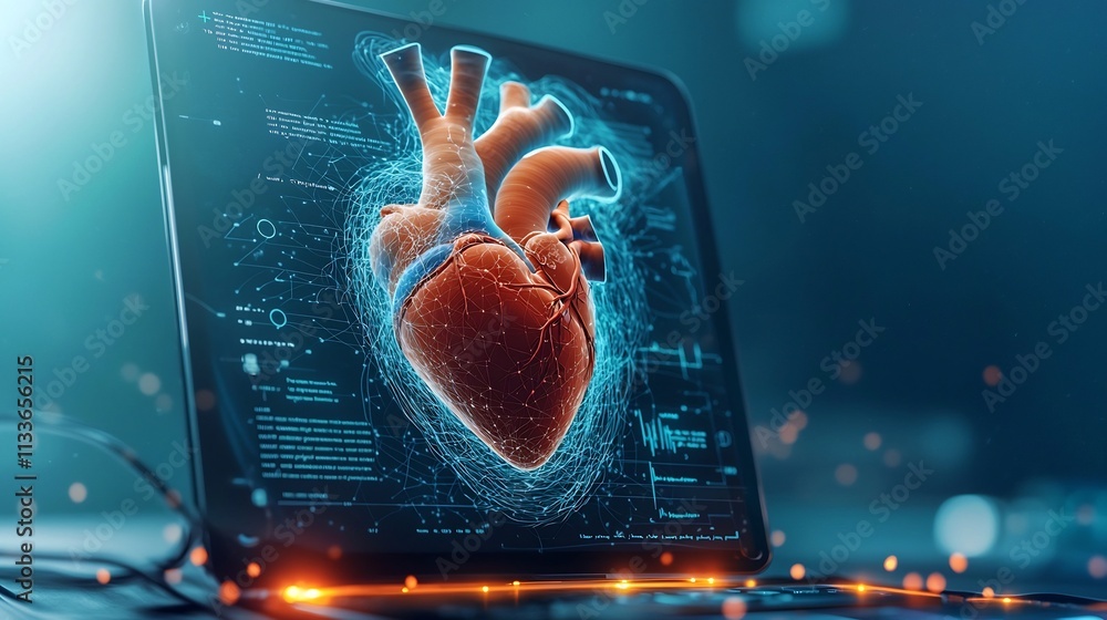 Poster futuristic cardiology console displaying a virtual twin hologram of a patient s heart with real time