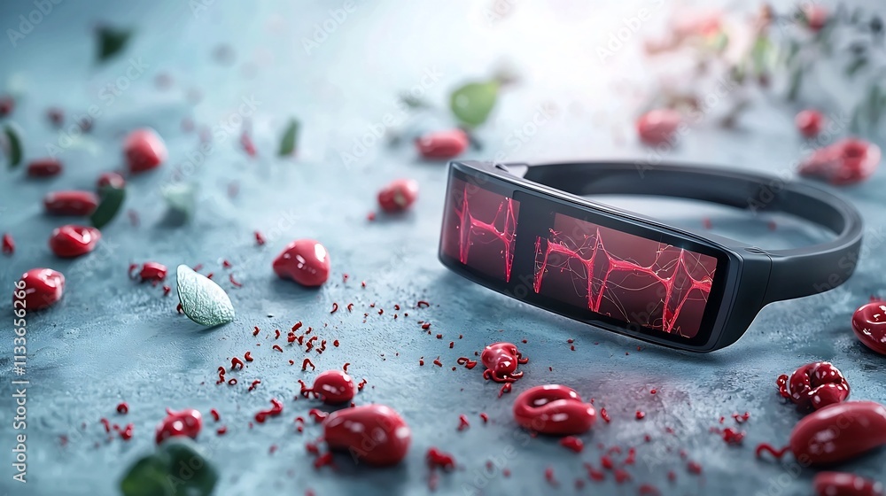 Poster a photograph showcasing an advanced wearable health device that is linked to a virtual twin simulati