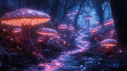 Glowing mushrooms illuminate a dark forest path.