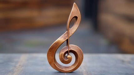 Copper musical note sculpture on rustic wooden background.