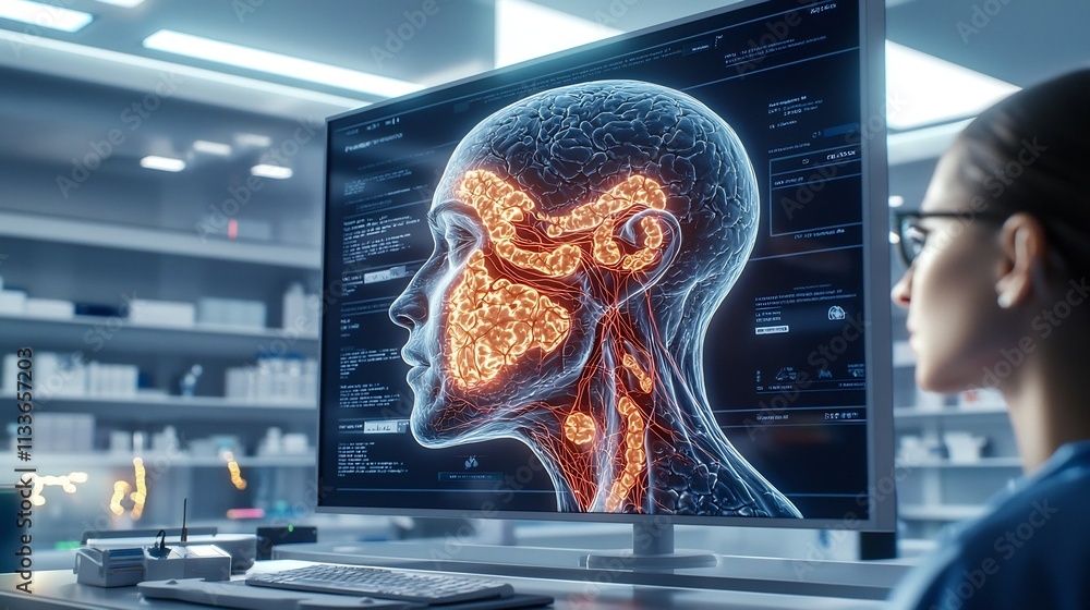 Poster a photograph of an advanced neurology clinic displaying a virtual twin of facial nerves showing trig