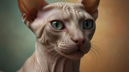 Obraz premium Close-up Portrait of a Sphynx Cat with Striking Green Eyes, Hairless Skin and Intriguing Gaze