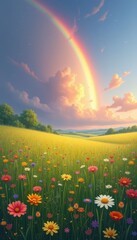 Fototapeta premium Dreamy meadow filled with wildflowers under a vibrant, rainbow-filled sky
