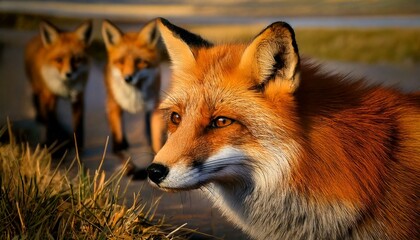 Obraz premium Red fox pair (Vulpes vulpes) in golden autumn grass with alert gaze, British wildlife duo close-up, UK