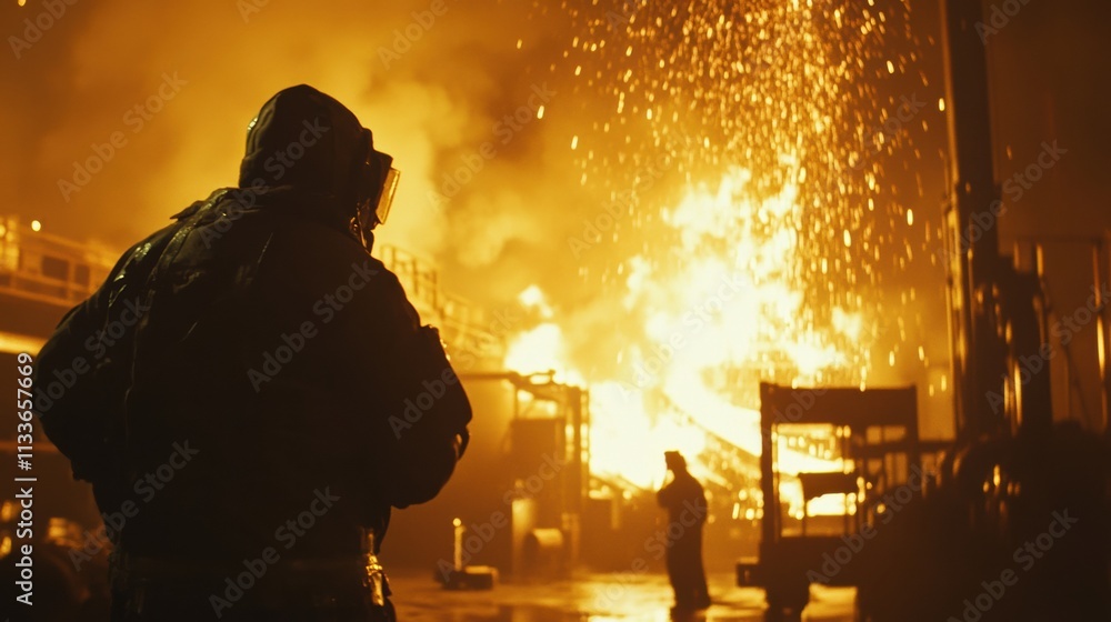Fototapete molten metal flows into casting molds inside a dimly lit industrial hall, creating vivid flames and 