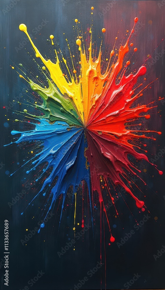 Poster dynamic colorful splashes resembling paint bursts on a textured dark canvas