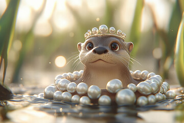 Otter Princess: A charming, cartoon-style otter, adorned with a pearl crown and necklace, sits serenely in a shimmering, pearl-filled pond, bathed in soft sunlight.  