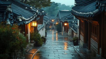 Obraz premium Traditional Korean Street at Night With Lanterns in a Rainy Atmosphere
