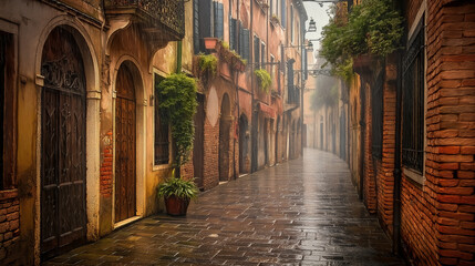 Fototapeta premium Rainy Narrow Street with Old Buildings and Rustic Aesthetic Details