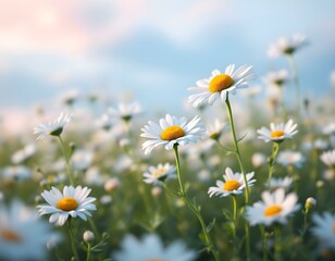 Fototapeta premium daisies, field, white, flowers, background, pastel, gradient, sky, nature, floral, scenery,