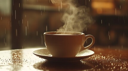Steaming hot drink in white cup on rainy day.