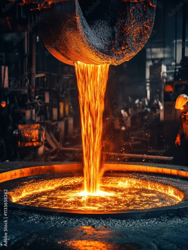 Poster molten metal is being carefully poured into casting molds within a busy industrial hall, creating a 