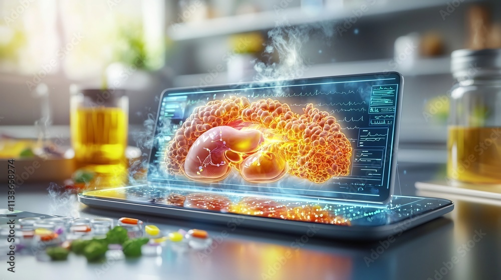 Poster a futuristic healthcare monitoring station displaying a virtual twin of the pancreas highlighting in