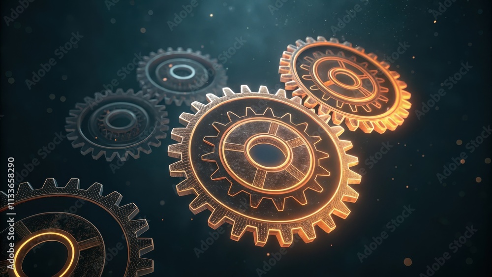 Poster interlocking metal gears with glowing orange edges rotate smoothly, representing a sophisticated mec