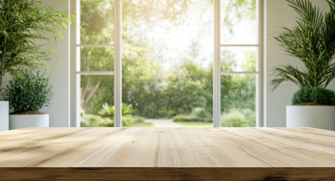 Fototapeta Empty light brown wooden table top in front of blurred home garden scene. Sunlight shines through windows. Plants, plants visible in background garden. Natural light, home design concepts shown.