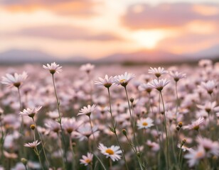 Obraz premium daisies, field, white, flowers, background, pastel, gradient, sky, nature, floral, scenery,