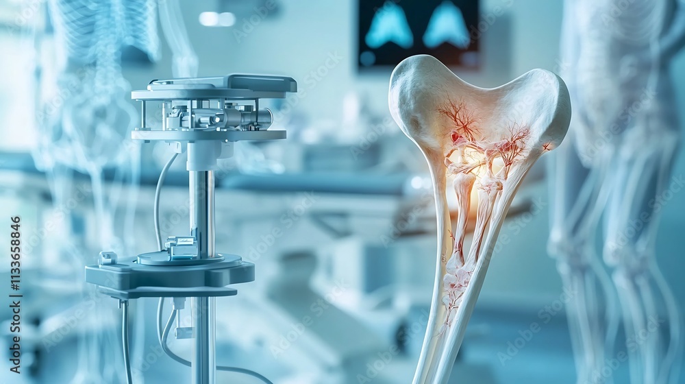 Poster photograph of a cutting edge healthcare facility showcasing a detailed virtual twin model of a femur