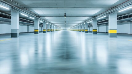Fototapeta premium Empty modern car parking garage. Daylight fills interior. Supports visible, lined with yellow, gray accents. Floor smooth, reflects light. Feeling of spaciousness, order. Modern design for parking